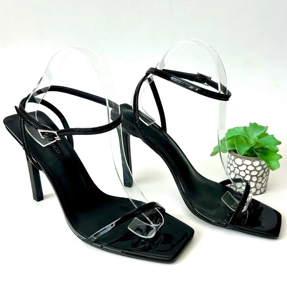 Tony Bianco Nadia Square Toe Black Patent Strappy Square Heels Sandals Size 9